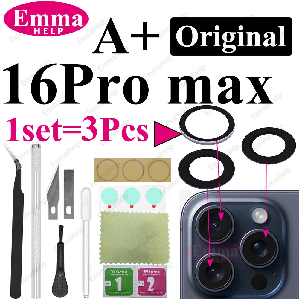 1Set Original Sapphire Rear Camera Glass Replacement for iPhone 16 15 14 Pro Max 12 13 Mini 15 Plus Camera Lens Repair Tool Kits