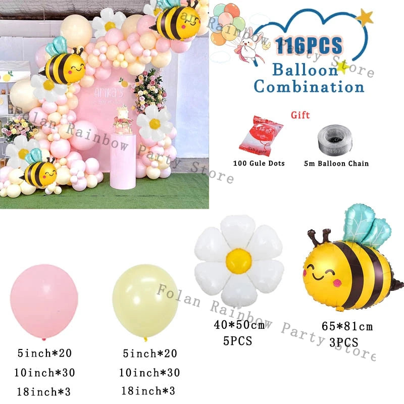 Bee Balloon and Daisy Flower Balloon Garland kit Aluminum Foil Baloon Pink Yellow Ballon for Bee Theme Birthday Party Decoration