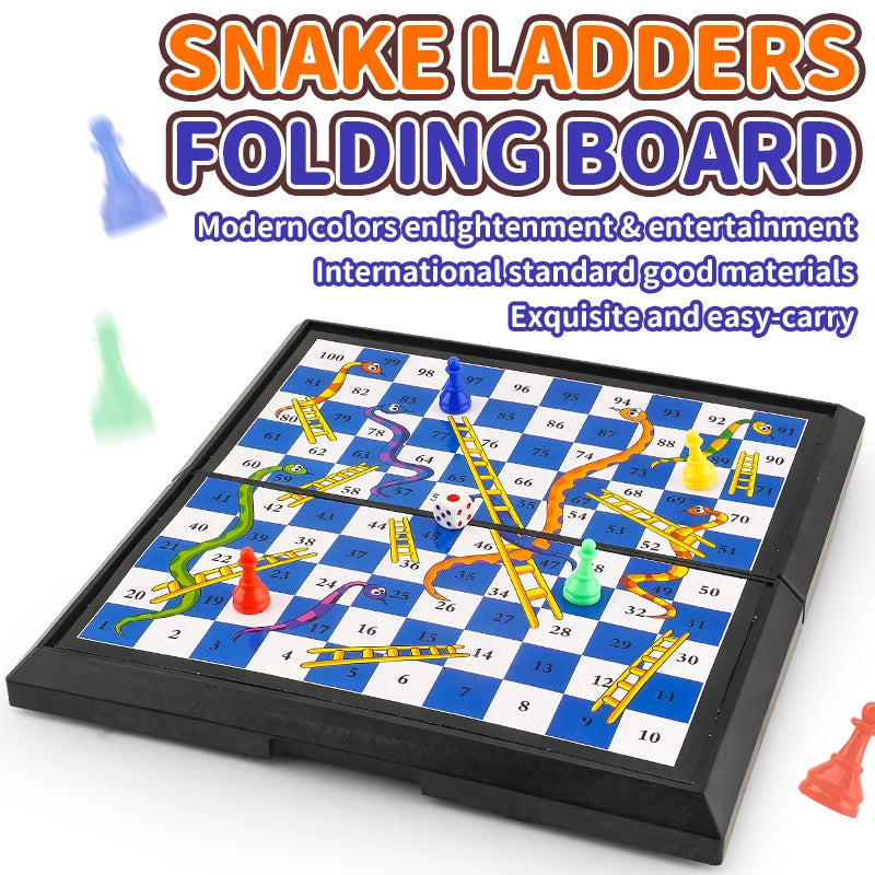 International Snakes and Ladders Parent-Child Board Game Toy - Magnetic-Free Foldable Board with Storage for Game Pieces