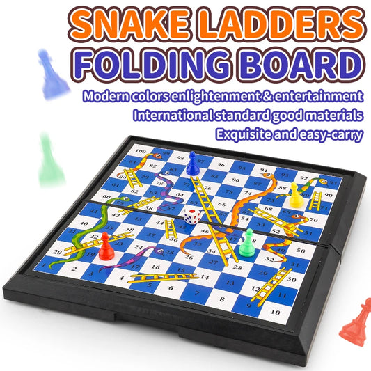 International Snakes and Ladders Parent-Child Board Game Toy - Magnetic-Free Foldable Board with Storage for Game Pieces