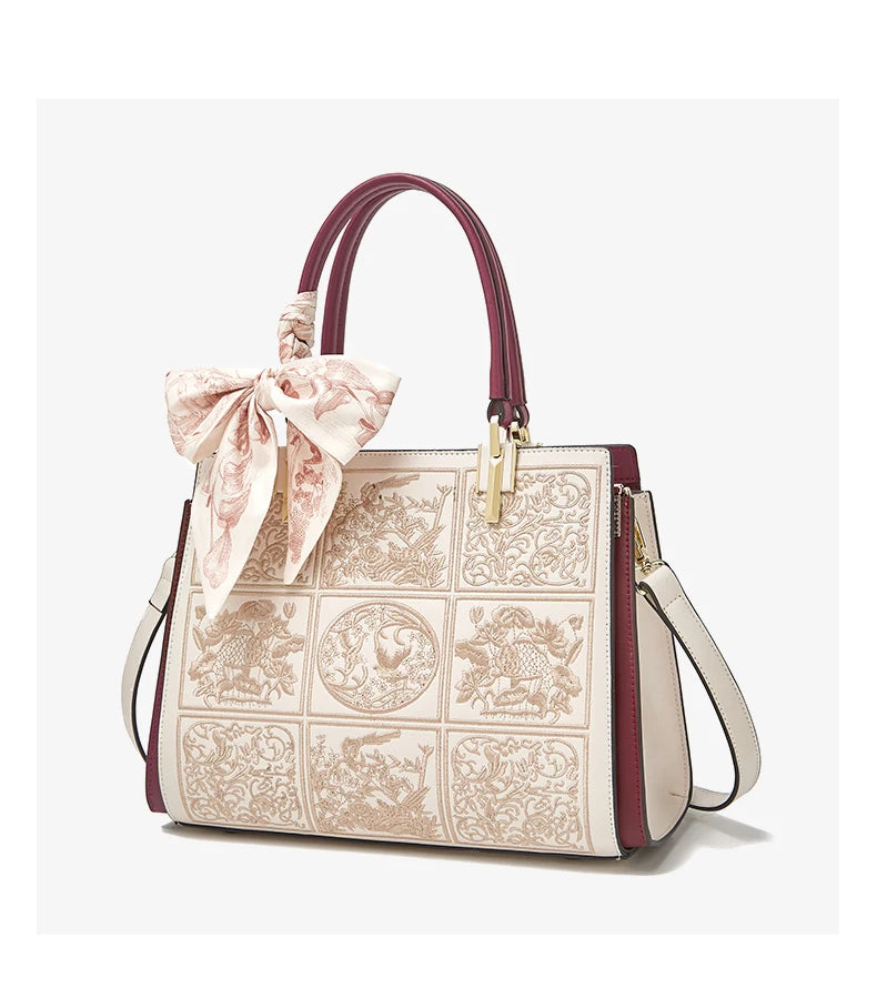 FOXER Split Leather 2026 New Large Tote Handbag Women's Shoulder Bag Chinese Classic Embroidery Best Gift for Mom