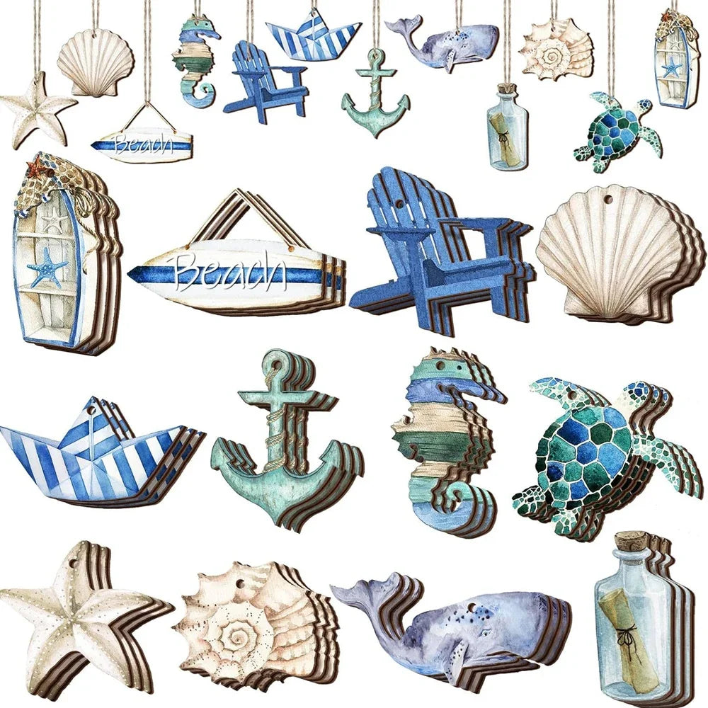 12Pcs Wooden Ocean Themed Decorations Sea Animals Sand Beach Hanging Pendant with Rope for Holiday Party DIY Decor Supplies