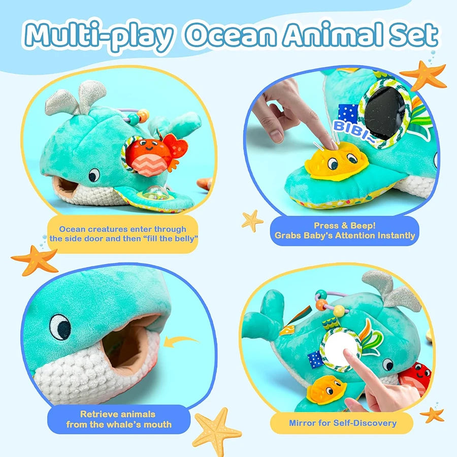 Baby Toys 6-12 Months Soft Baby Beehive with 5 Sensory Bee Rattle Mirror Crinkle Squeaker Busy Montessori Soft Toy for Toddlers