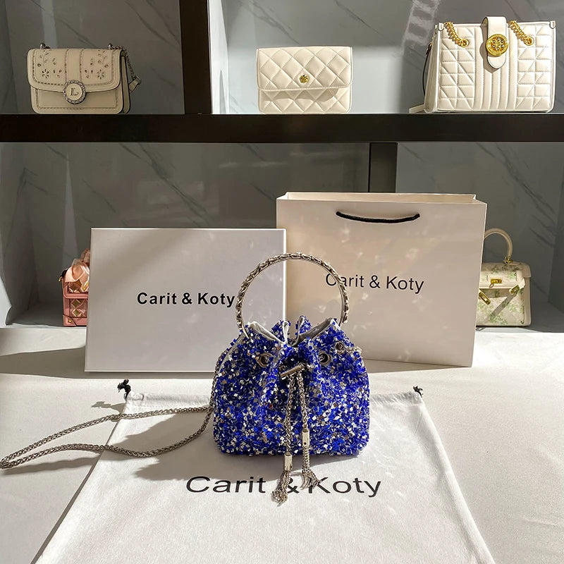 Luxury Designer Colorful Stones Evening Clutch Bag Wedding Party Bucket Purse Metal Handle Women Handbag Shoulder Messenger Bag