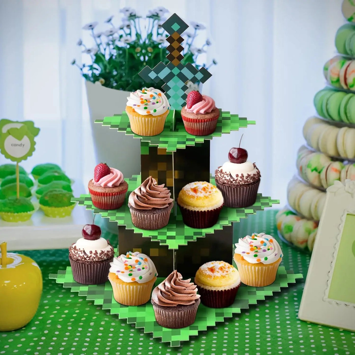 Cupcake Stands for Pixel Game Birthday Party Decorations Game Party Favors Supplies, Cardboard Cupcake Holder with Toppers Table