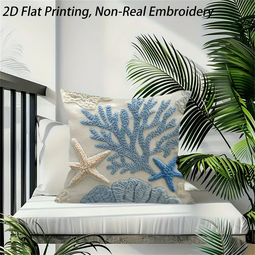 Coastal Coral Starfish Pillow Cover 2D Faux Embroidery Print Nautical Ocean Beach Cushion Case for Sofa Bed Couch Summer Home