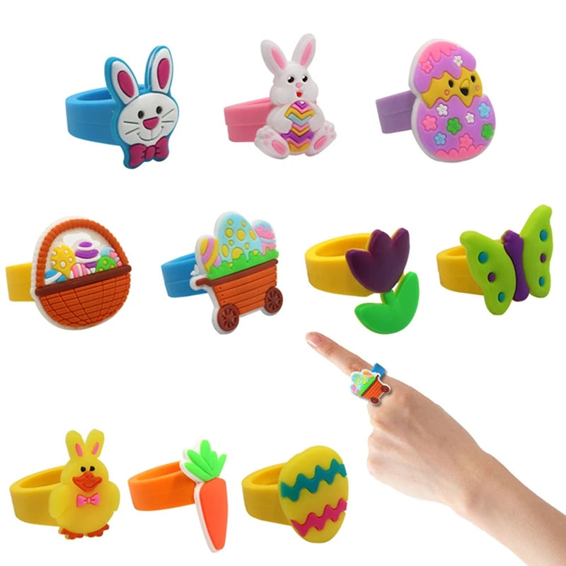 6/12PCS Cartoon Bunny Easter Egg Rings Kids Toys Ring Easter Party Gifts Supply Kids Easter Decoration Gifts Goodie Bag Fillers
