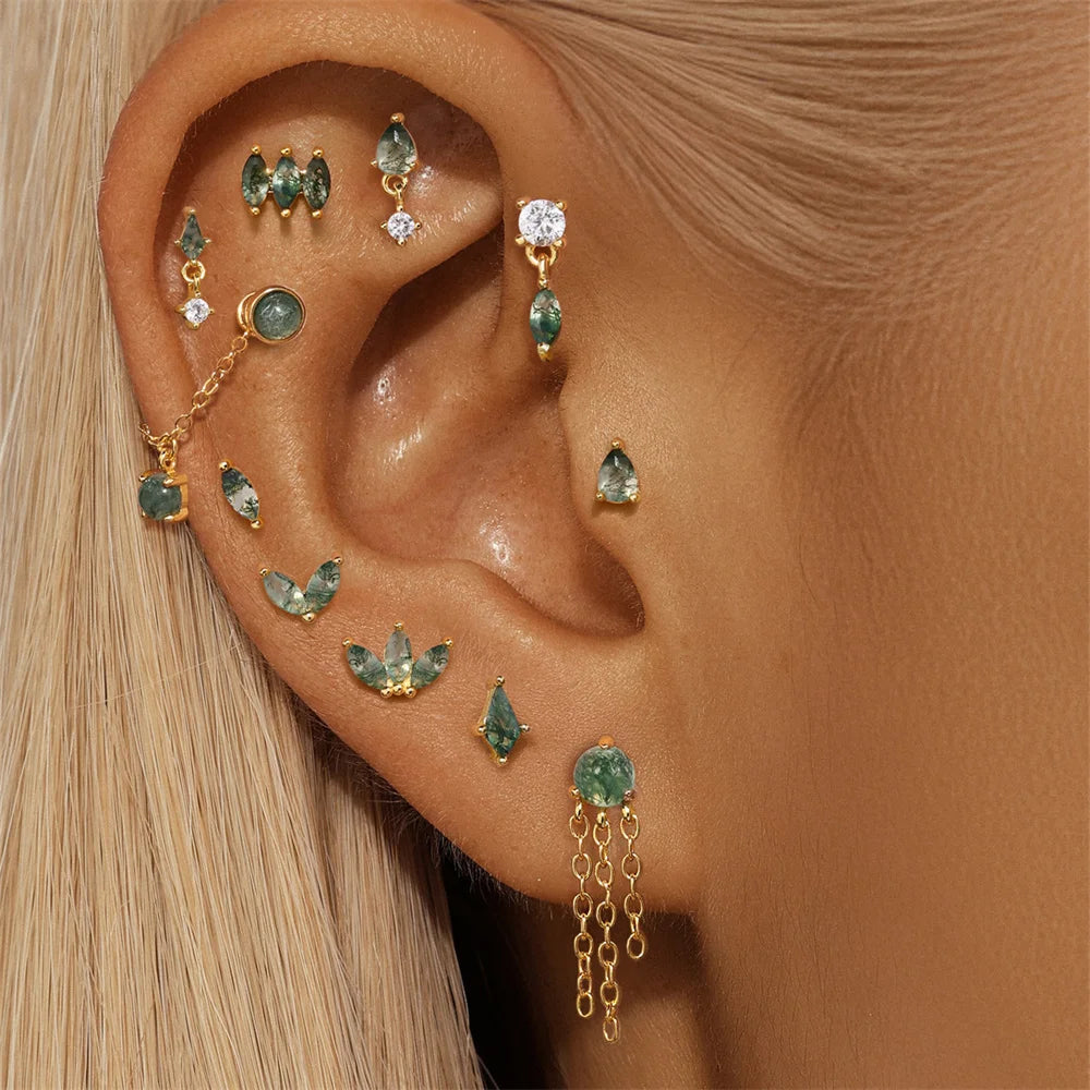 AIDE Water Grass Agate 925 Sterling Silver Flat Head Thread Piercing Earring Green Moss Piercing Ear Bone Earring Jewelry 1pc