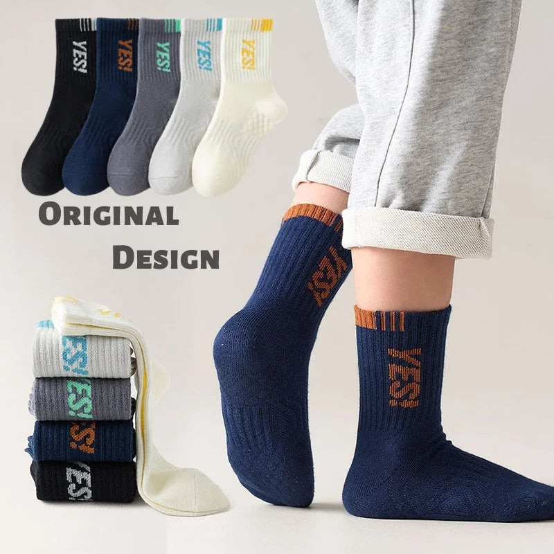 5 Pairs Children's' Socks Spring Autumn Cotton Socks Kids Striped Football Pattern Sock 1-14T Boys Mid-calf Length