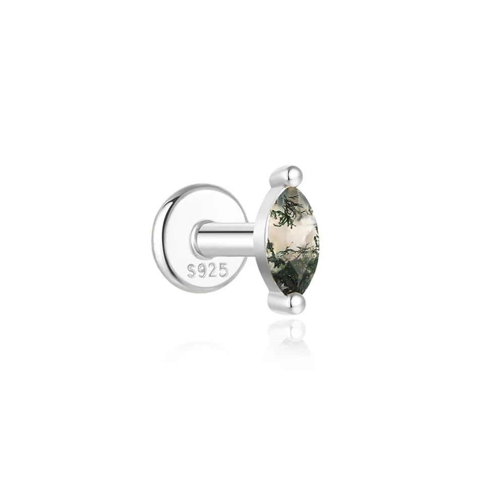 AIDE Water Grass Agate 925 Sterling Silver Flat Head Thread Piercing Earring Green Moss Piercing Ear Bone Earring Jewelry 1pc