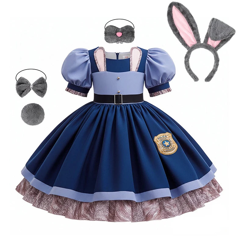 Girl Cosplay Disney Judy Hopps Police Officer Dress Zootopia Bunny Costume Kids Dress Up Halloween Rabbit Dress Outfits