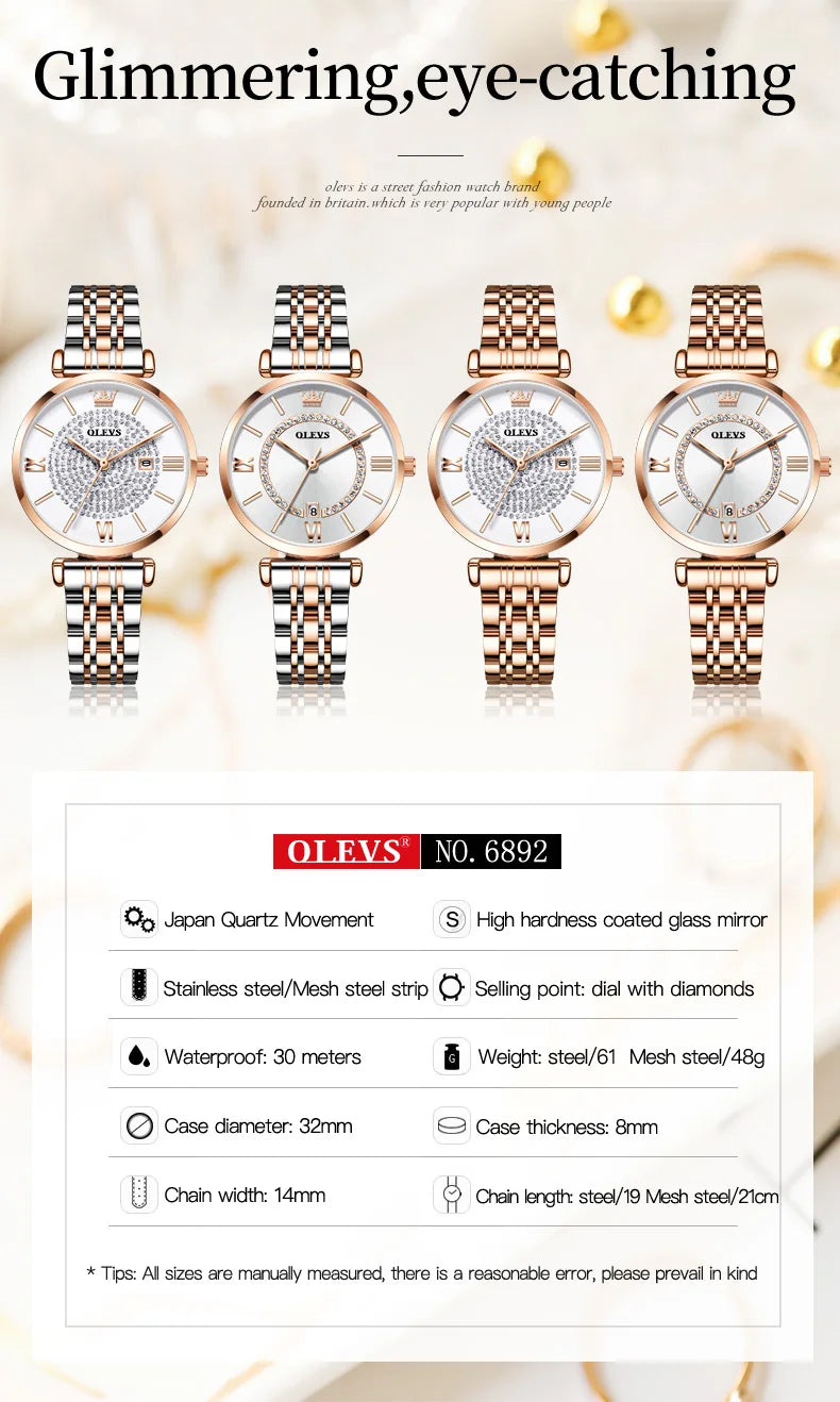 OLEVS 6892 Women's Watches Elegant Fashion Original Wristwatch Waterproof Stainless Steel Mesh Belt Luminous Inlaid Zircon