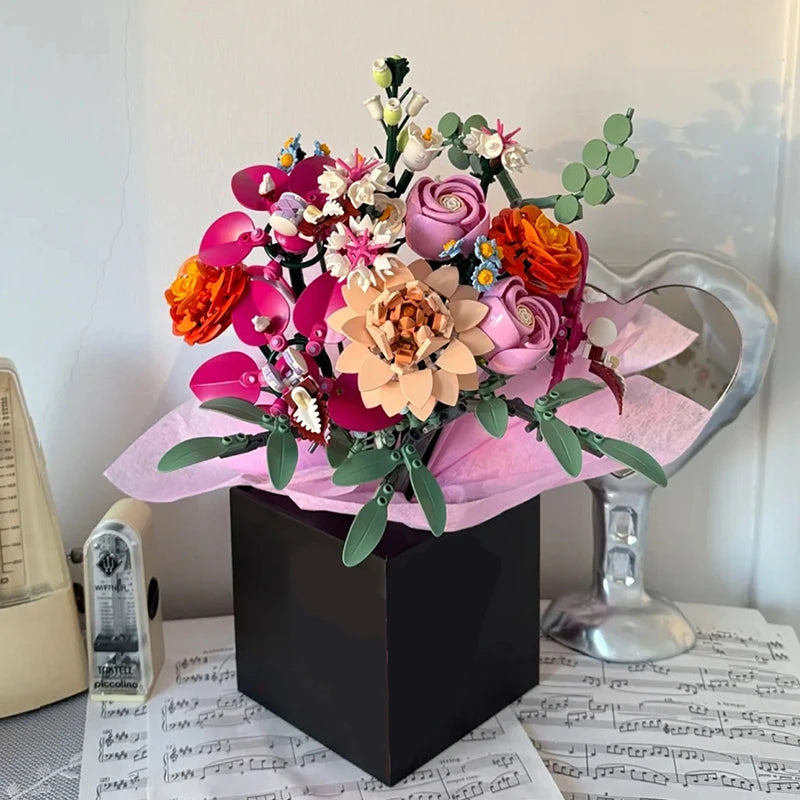 Creative Beautiful Zinfandel Bouquet Building Blocks Pretty Pink Flower Home Desktop Decoration Toy Gift For Girl Kid Girl Adult