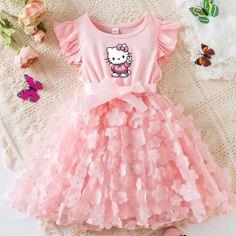 Hello Kitty Girls Summer Dress Cartoon Bow Tutu Dress 3D Butterfly Cute Cotton Party Casual Dress for Baby 2-6 Years