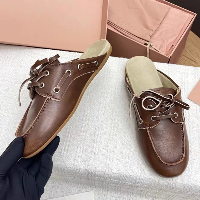 2026 New Fashion Women Slippers Leisure Slip on Summer Beach Holiday Leather Lace Up Versatile Round Toe Flat Loafers Sandals