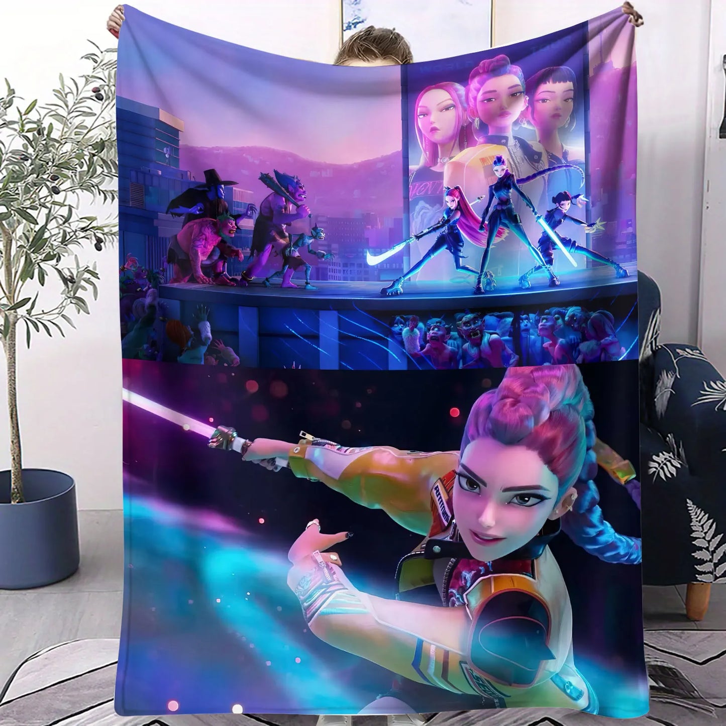 K Pop Demon Hunters Flannel Blanket Cyberpunk-style Plush Throw Blanket Fans Gift for Home Leisure Sofa Bed Cover Travel Camping