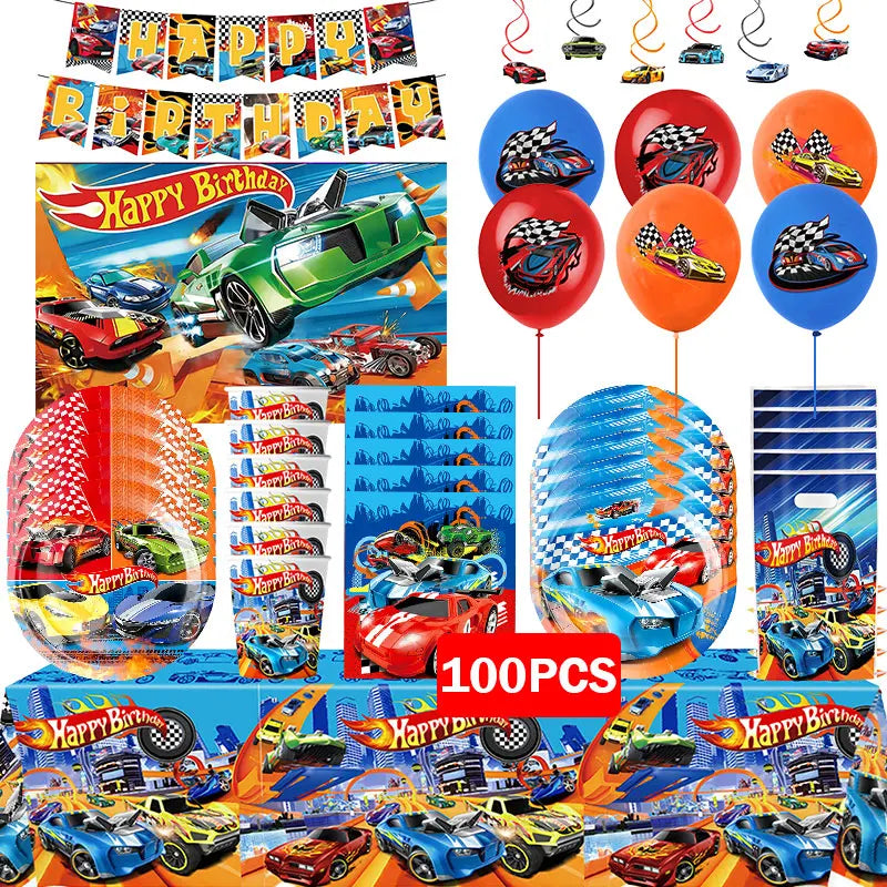 Happy Wheels Birthday Birthday Party Supplies Hot Race Car Theme Tableware Set Cups Plates Balloons Gift Bags for Kids Boys ﻿
