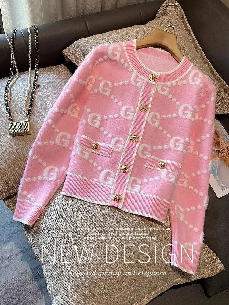 Luxury Pink Knitted Cardigan Women Sweater Autumn Winter Coat Letter Long Sleeve Short Tops Design Trend Women's Clothing New