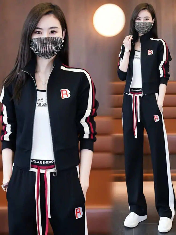 Fashionable Sportswear Two-Piece Set Ladies Wide Leg Pants Jacket Casual Spring Autumn Outfit Stylish Zipper Closure Long Sleeve