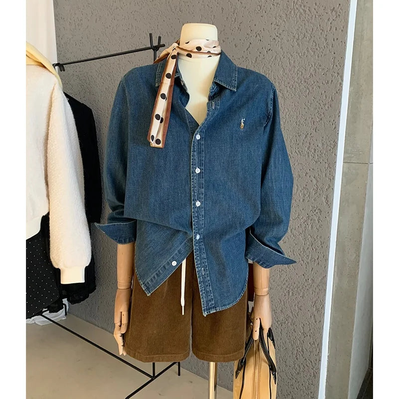 Retro Washed Denim Shirt with  Logo Classic Preppy Style Long Sleeve Women's Casual Fashion Autumn Season Button Closure