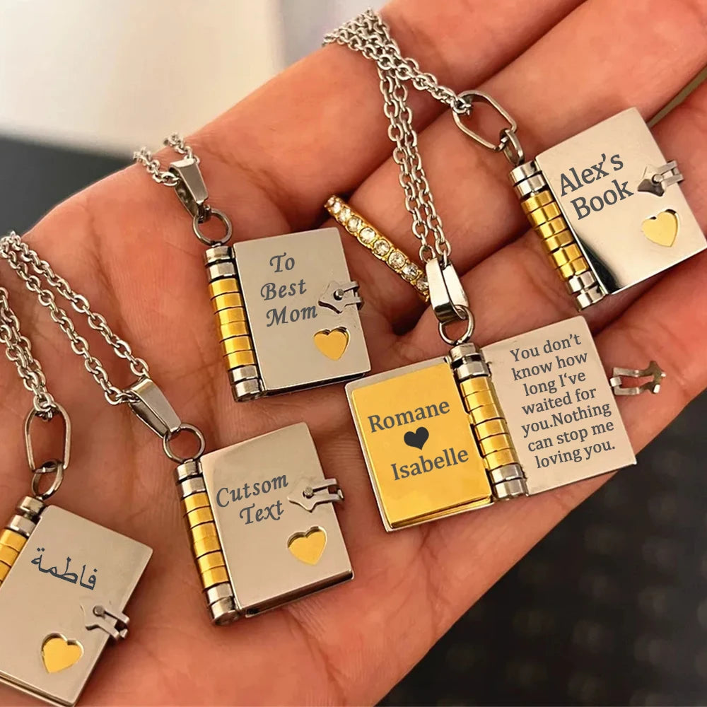 Akizoom Personalized Engrave Name Couple Book Necklace Stainless Steel Custom Book Locket Pendant for Women Family Jewelry Gift