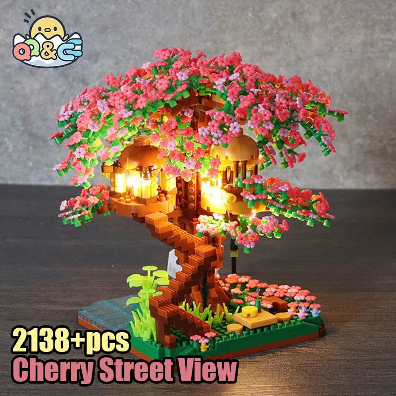 Cherry Bonsai Tree Building Blocks Set DIY Sakura Blossom Plants Bricks with Light Treehouse Model Romantic Gift for Girlfriend