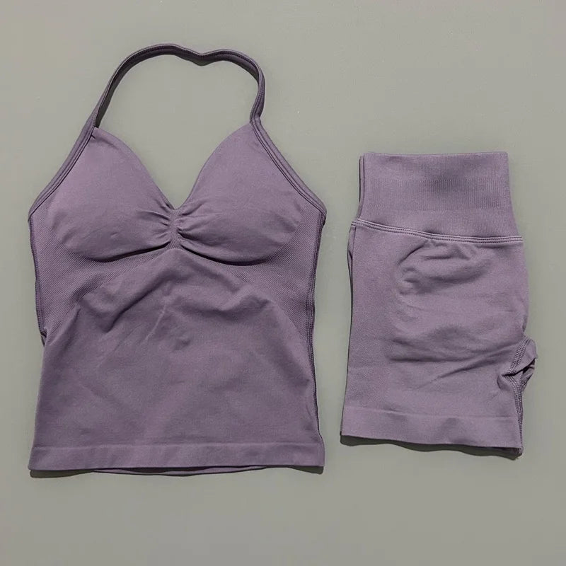 2 Pieces Sports Set Women Backless Tank Yoga Tops High Waist