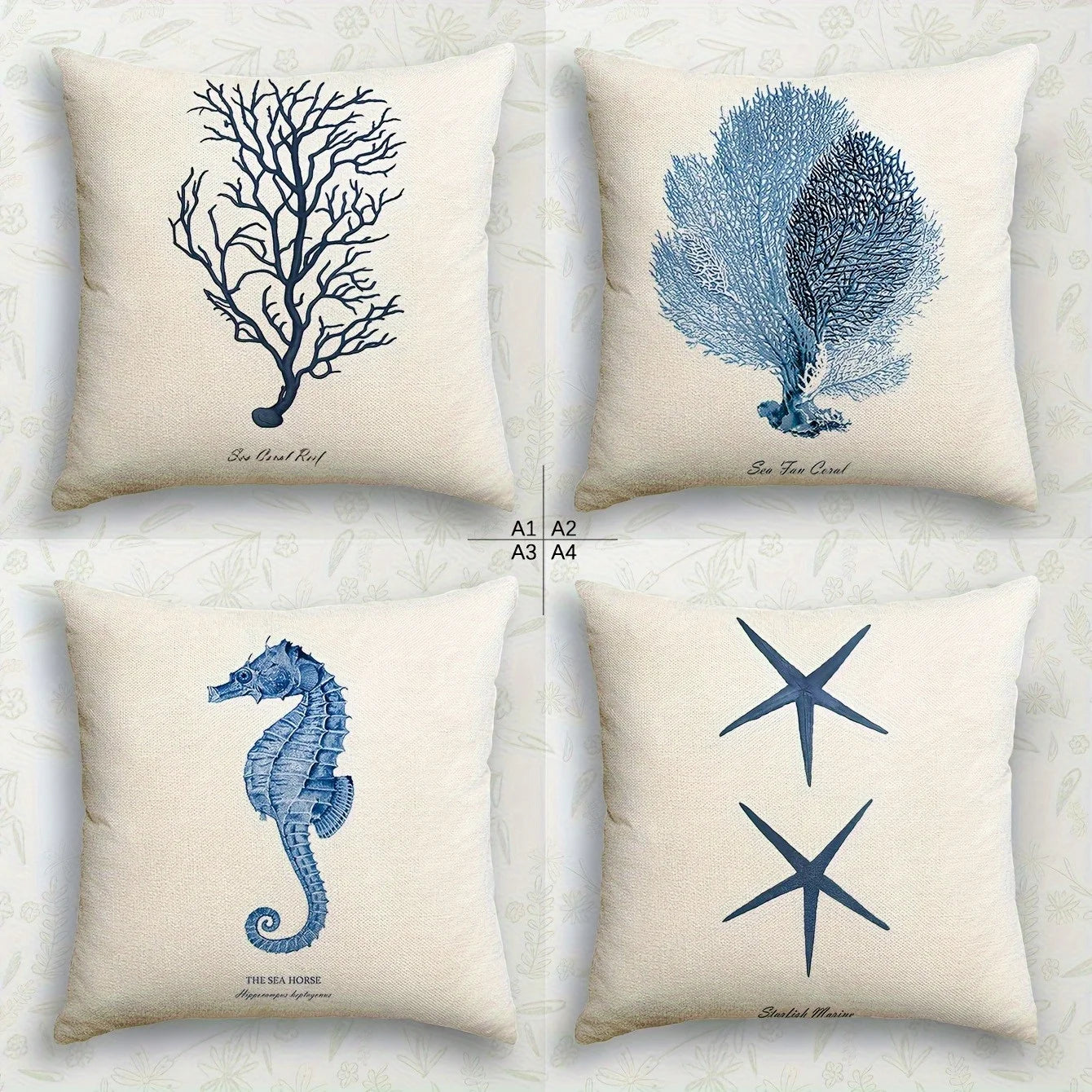4Pcs Nautical Theme Pillow Covers - Vintage Sea Life Printed Square Cushion Covers for Beach House/Living Room