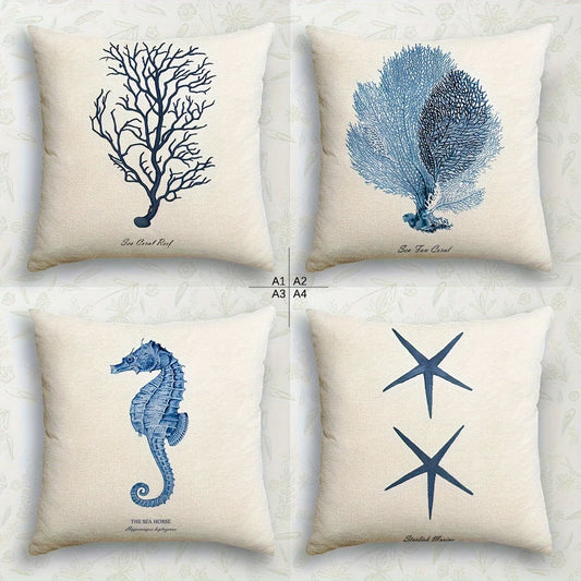 4Pcs Nautical Theme Pillow Covers - Vintage Sea Life Printed Square Cushion Covers for Beach House/Living Room