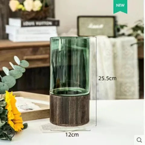 Vases Simple European Hydroponic Plant Household Living Room Table  Inserted Flower Wood Base Transparent Glass Vase Home Decor