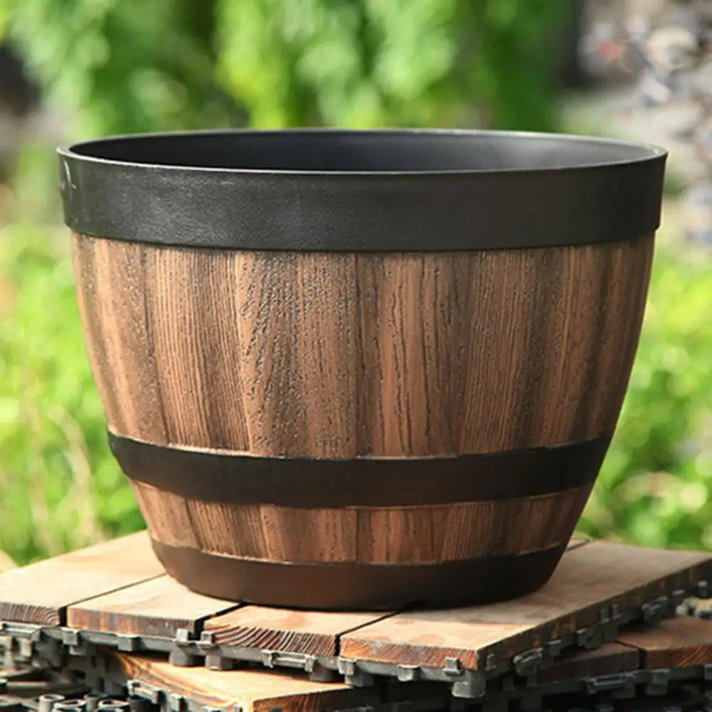 Large Plant Pot Faux Whiskey Barrel Shape Home Decor Plastic Indoor Outdoor Yard Patio Flowerpot for Garden