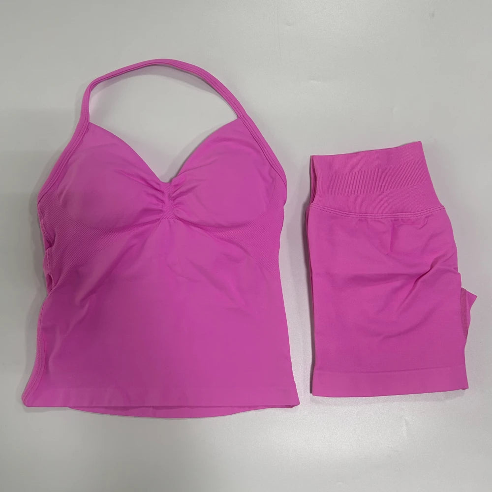 2Pcs Gym Set Women Backless Tank Tops High Waist Scrunch Seamless Shorts
