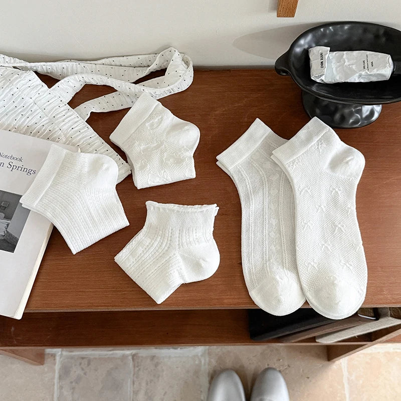 Women's White Ankle Socks 1/5 Pairs Breathable Summer Fashionable Thin Low Tube Silk Socks for Comfortable Wear
