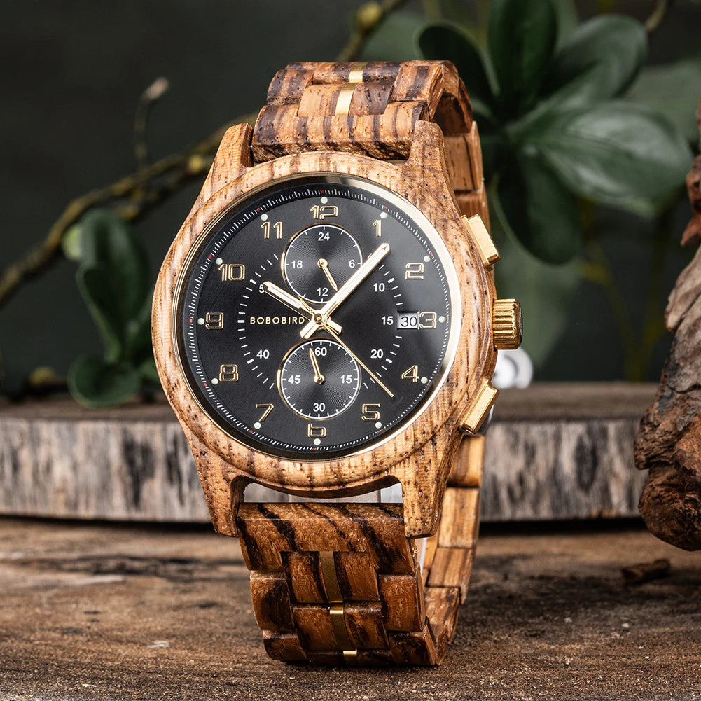 Wooden Watch for Men BOBO BIRD Chronograph Wristwatch with Luminous Hands Wood Watches Anniversary Gift for Him