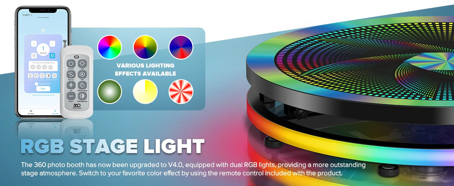 360 Photo Booth Automatic Rotating Photo Booth Machine Ring Light for Party Wedding Rental with RGB Light & Flight Case