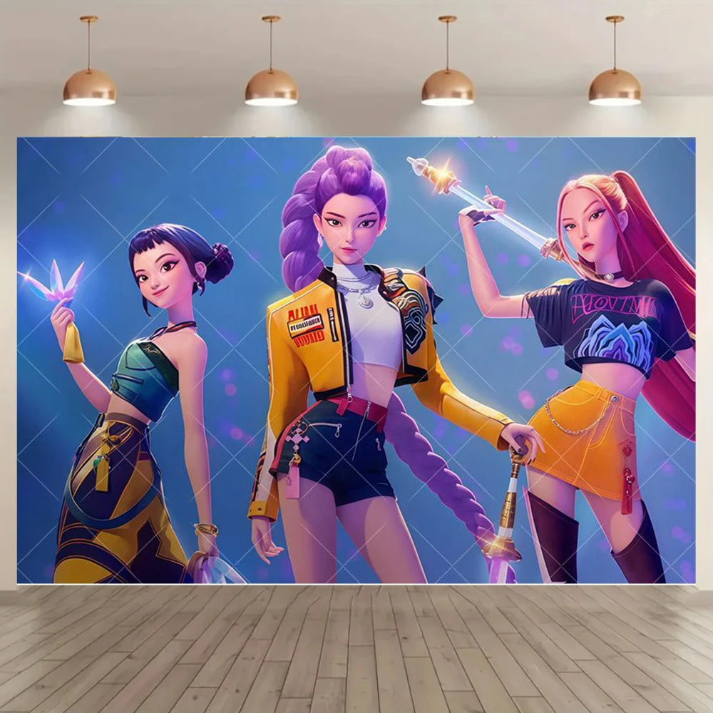 Adult Children's Birthday Party Decorations Background Hot KPop Girl Demon Hunters Backdrop Baby Shower Banner Photo Booth Props