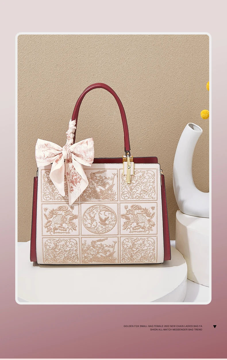 FOXER Split Leather 2026 New Large Tote Handbag Women's Shoulder Bag Chinese Classic Embroidery Best Gift for Mom