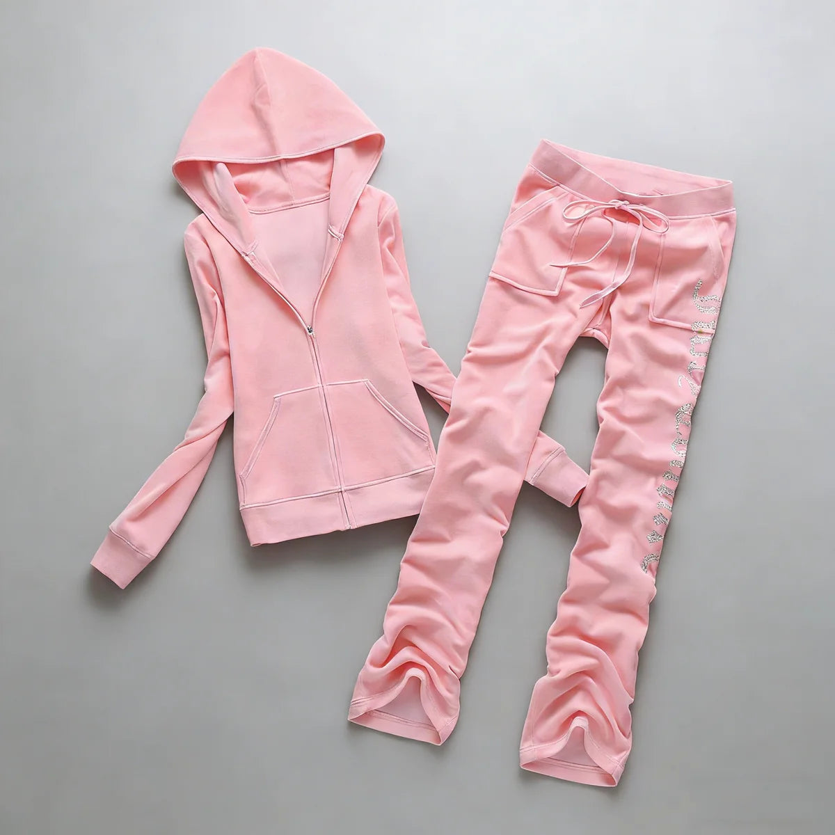 Y2K Women's Velvet Tracksuit 2 Piece Set Rhinestone Crown Print Hoodie + Straight Pants Slim Fit Loungewear Multiple Colors
