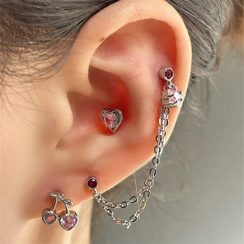1 PCS Korean Style Cute Pink Zircon Crystal Ear Bone Nail 316L Stainless Steel Kpop Earrings for Women Cartilage Jewelry Gift