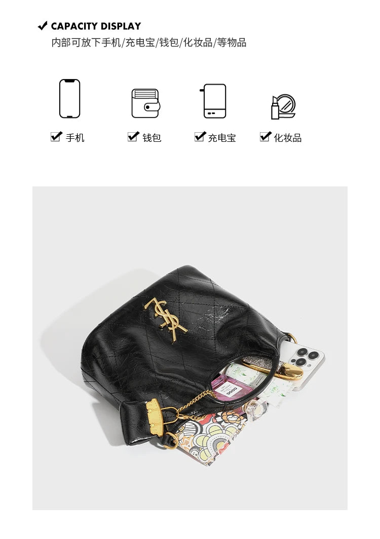 Premium handbag with diamond grid embroidery thread, large capacity vegetable basket bag, chain bar crossbody bag