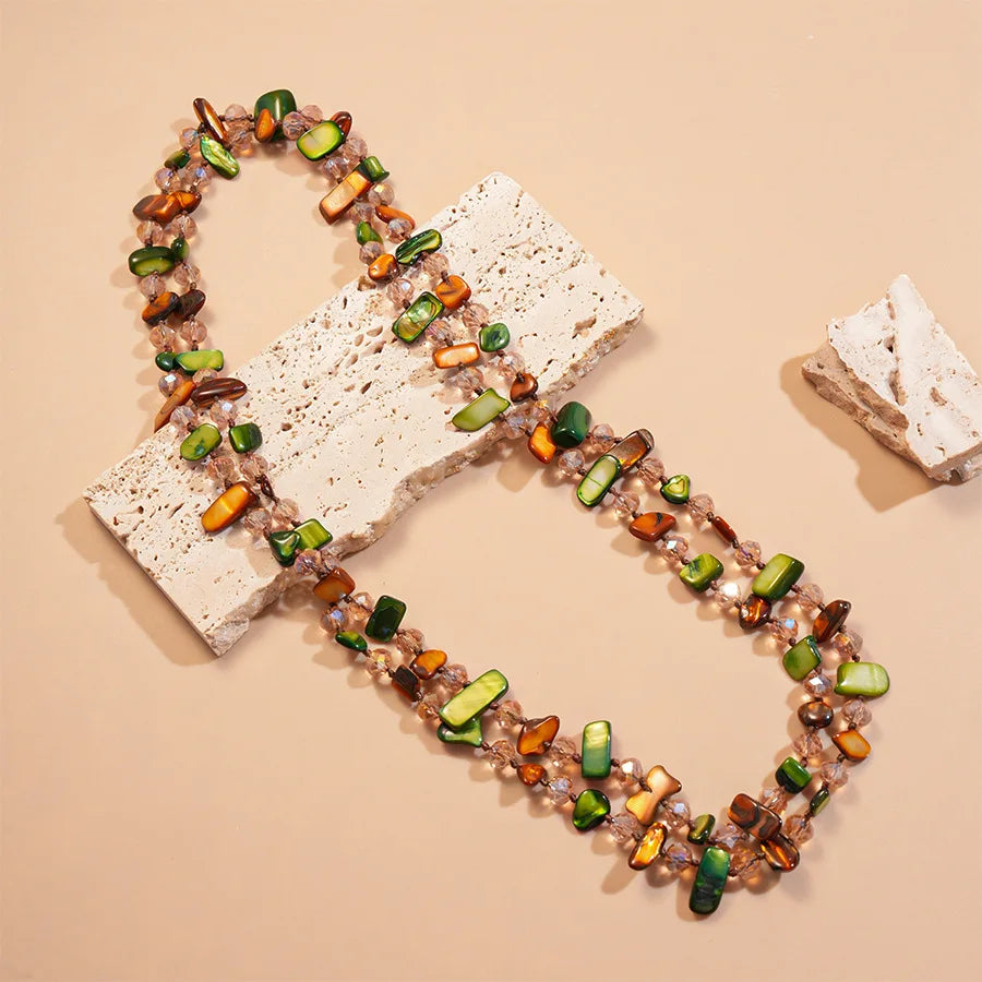 Boho Double-layer Shell Long Necklace for Women Vintage Irregular Beads Necklace Female Summer Vacation Jewelry Holiday Gifts