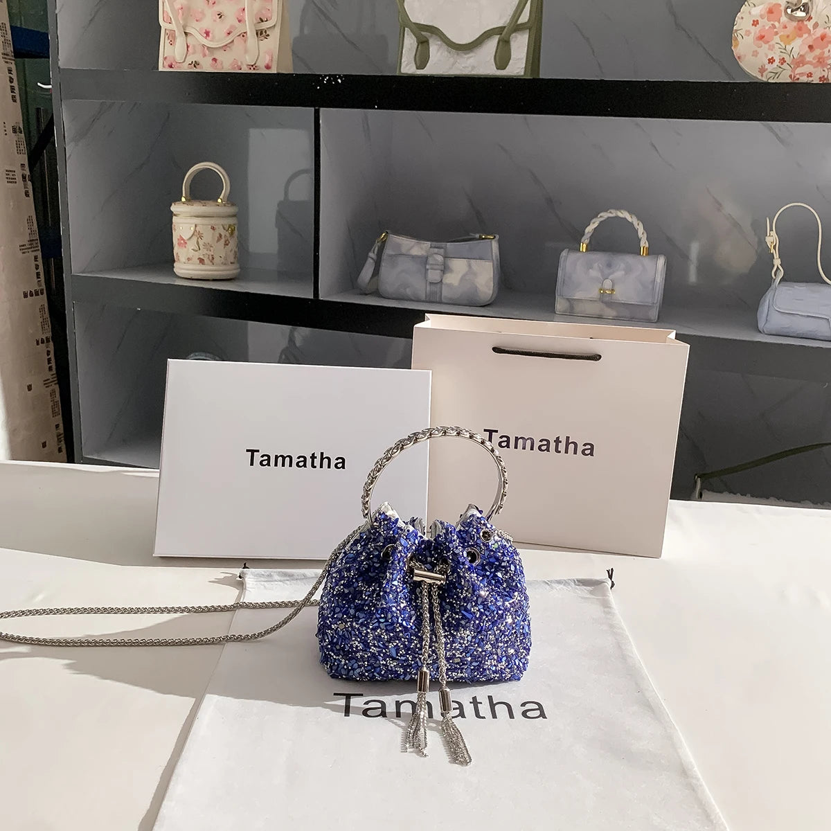 Luxury Designer Colorful Stones Evening Clutch Bag Wedding Party Bucket Purse Metal Handle Women Handbag Shoulder Messenger Bag