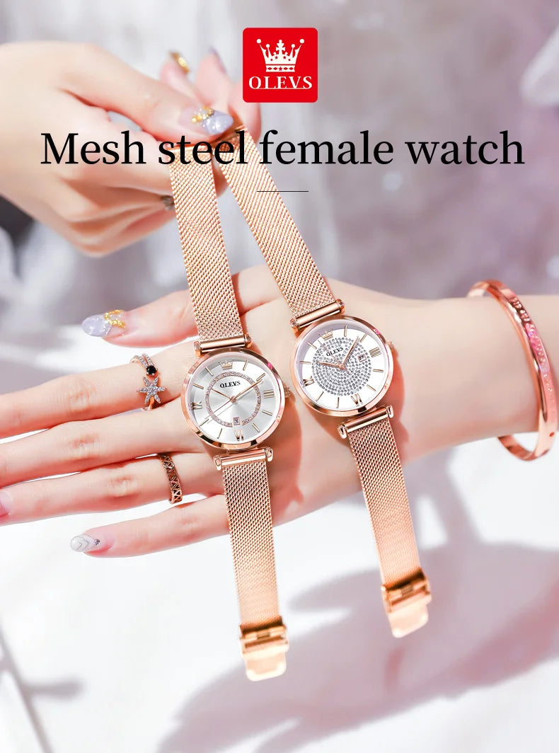 OLEVS 6892 Women's Watches Elegant Fashion Original Wristwatch Waterproof Stainless Steel Mesh Belt Luminous Inlaid Zircon