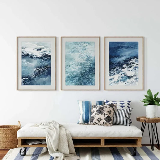 Vintage Navy Blue Watercolor Ocean Coastal Ocean Wave Sea Art Poster Canvas Painting Wall Prints Picture Living Room Home Decor