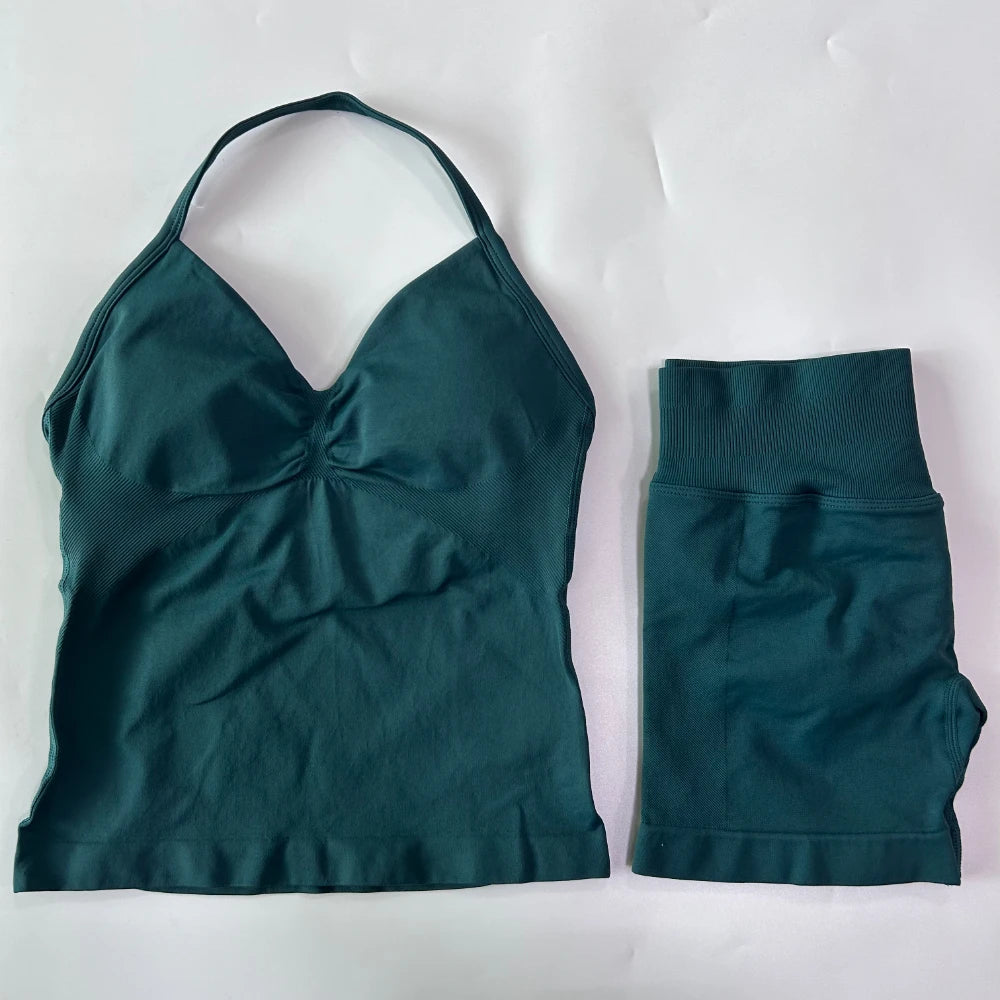2Pcs Gym Set Women Backless Tank Tops High Waist Scrunch Seamless Shorts