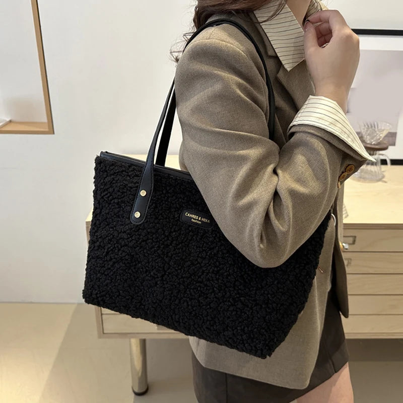 Soft Handbag Large Capacity Fall Winter Shoulder Bag Women Lamb Wool Tote Bag Zipper Closure Casual Shopping Traveling Tote