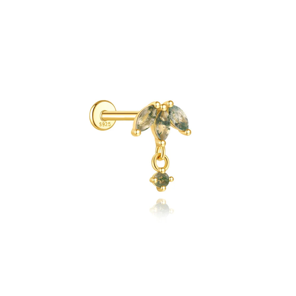 AIDE Water Grass Agate 925 Sterling Silver Flat Head Thread Piercing Earring Green Moss Piercing Ear Bone Earring Jewelry 1pc