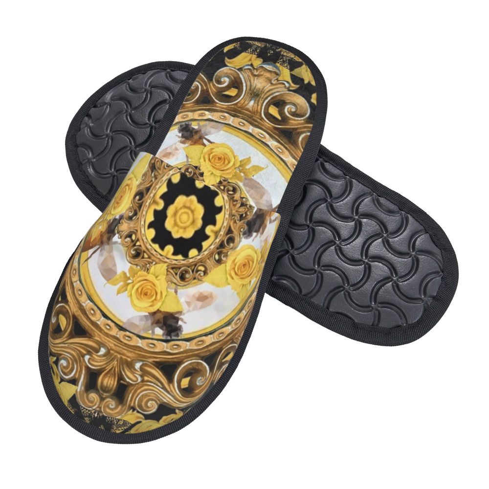 Custom Vintage Baroque Prints Greek Ornament Golden Meander Meandros Soft Scuff Memory Foam Slippers Women Hotel House Shoes