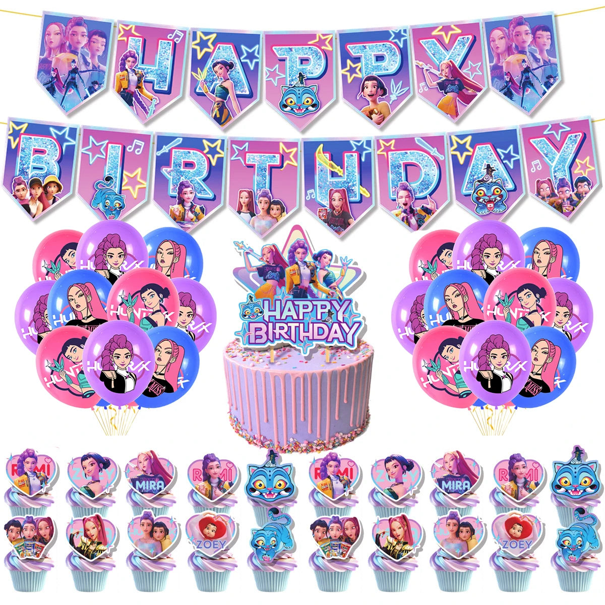Cartoon Girl Hunters Disposable Party Tableware Banners Balloons Birthday Decoration Cake Topper Insert for Baby Shower