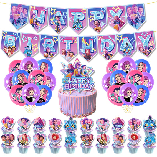 Cartoon Girl Hunters Disposable Party Tableware Banners Balloons Birthday Decoration Cake Topper Insert for Baby Shower